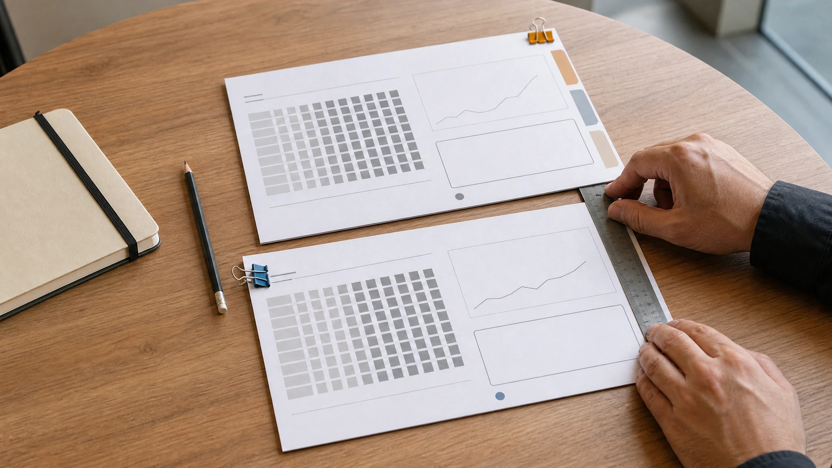 A technical buyer reviewing two non-legible acoustic result tables, band charts, calculation routes, and limitation markers without visible scores