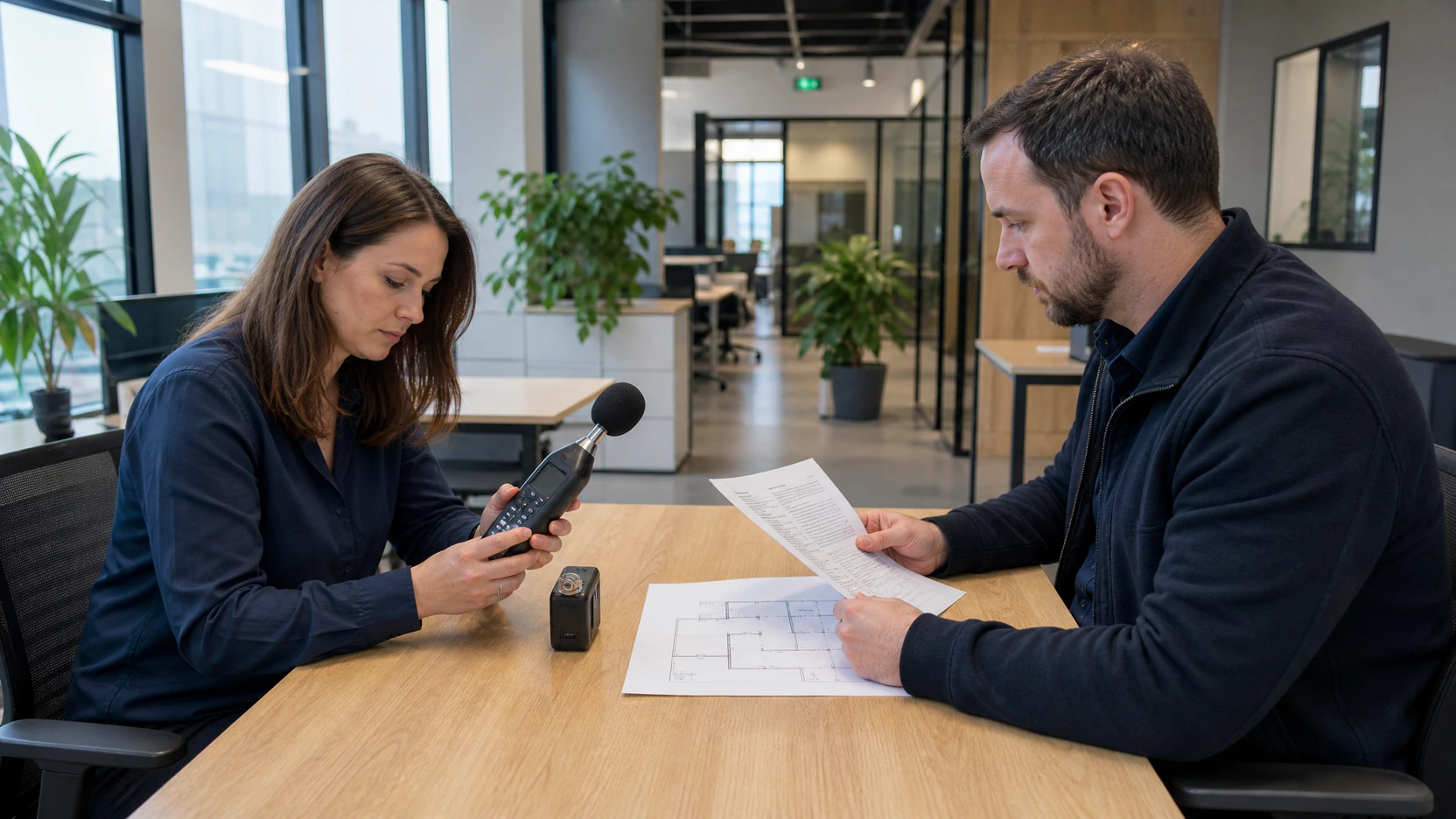 An acoustic reviewer checking a sound level meter, calibration record, and observation method before an office walkthrough