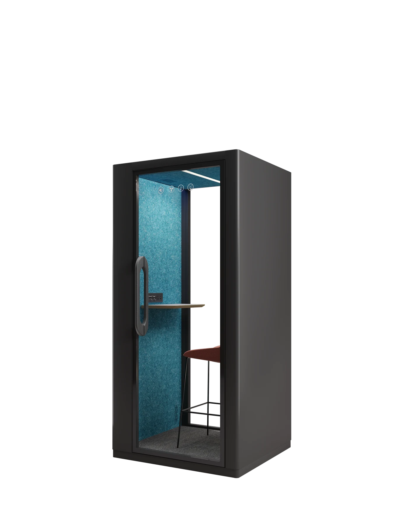 MOVUSH single-person acoustic office pod in black with a blue interior