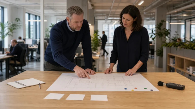 A facilities manager and workplace consultant mapping office noise events on a floor plan before considering any product