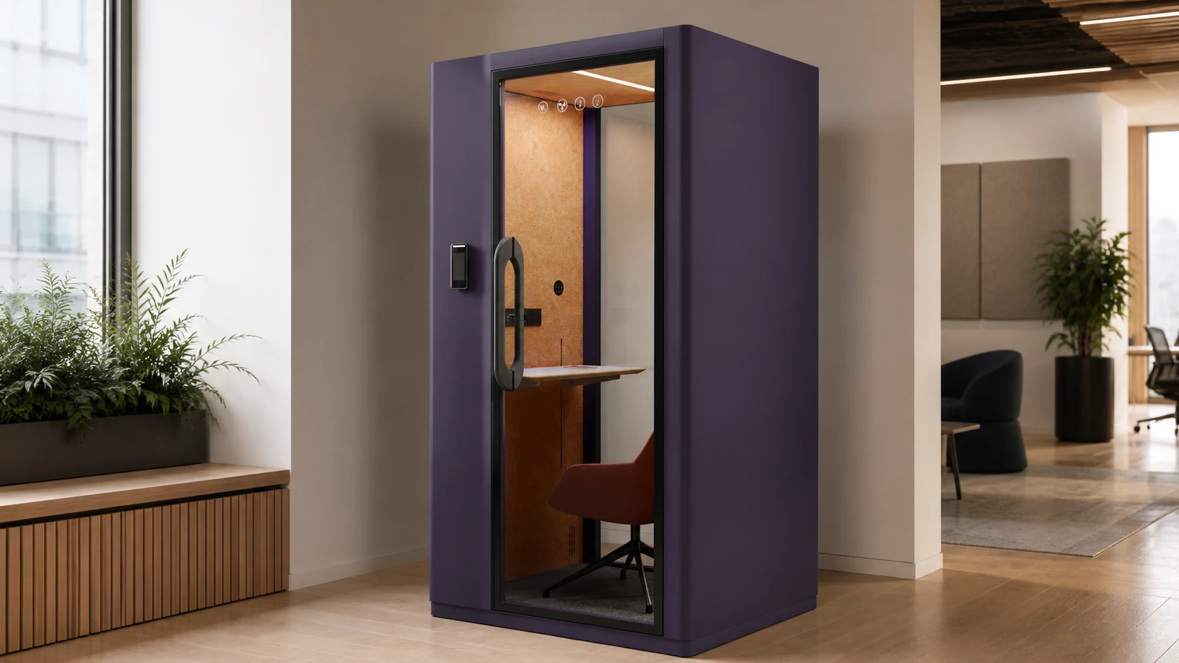 An office work pod showing its complete door, glass, frame, and interior assembly