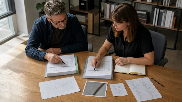 Two technical reviewers comparing controlled office pod acoustic test reports at a project table without visible scores or confidential data