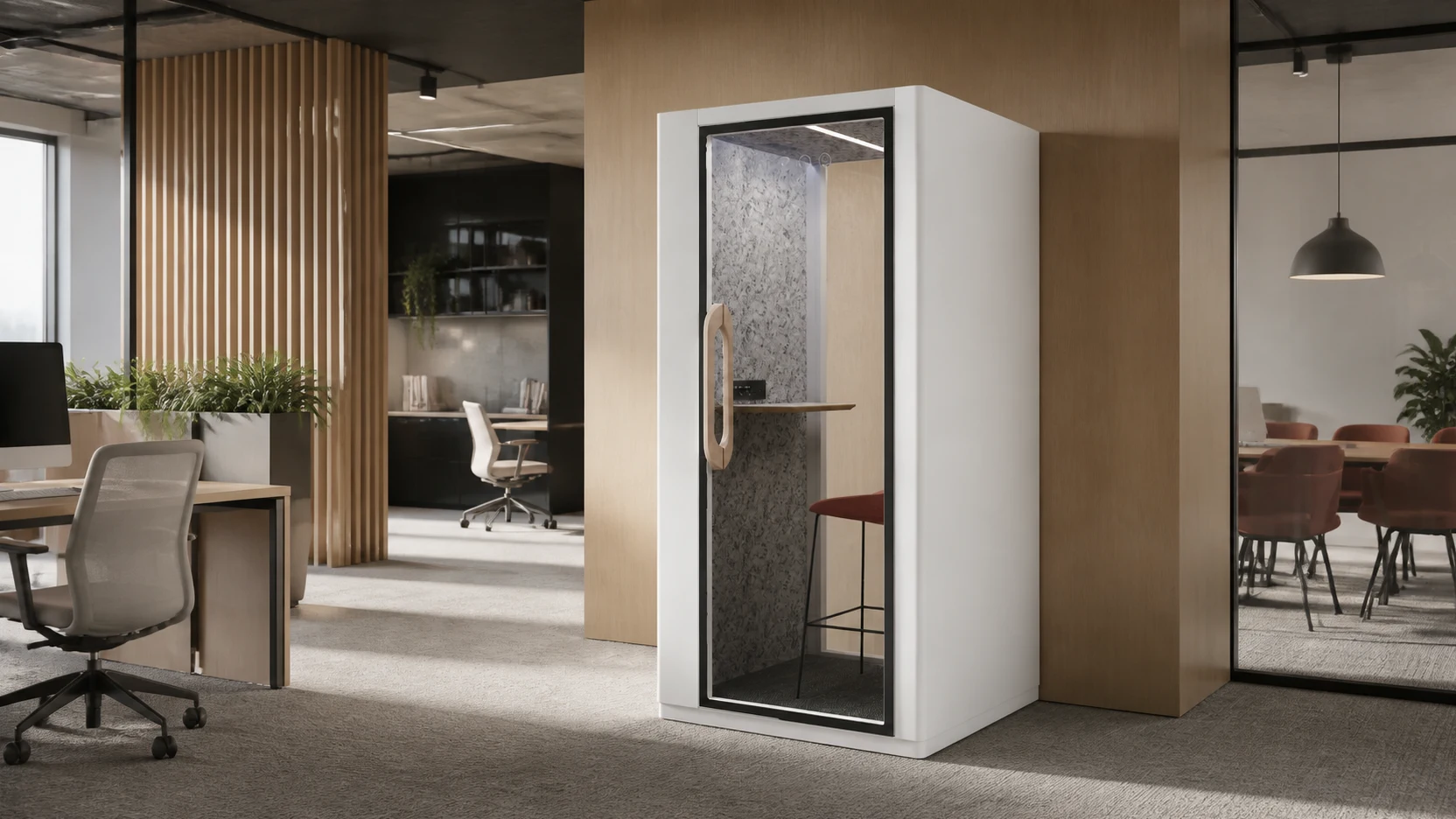 A single-user call pod positioned between focus and meeting zones