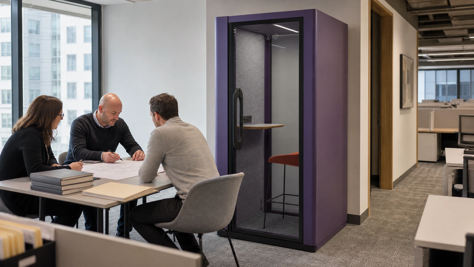 Architects and project reviewers preparing an AHJ packet beside a MOVUSH M1 CALL office pod