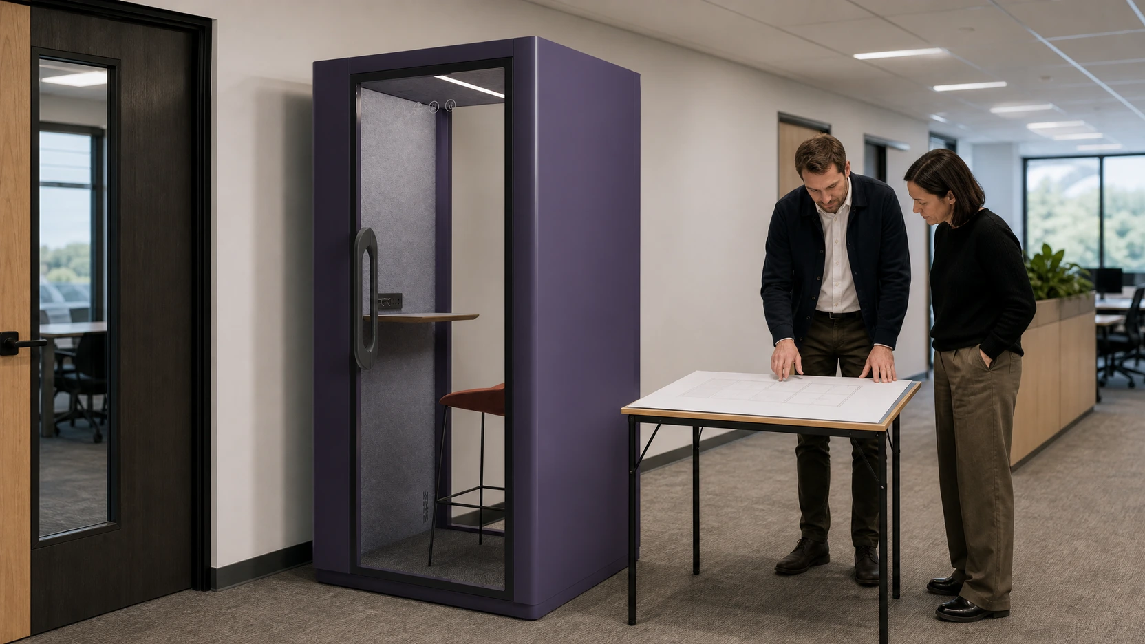 A project team comparing the proposed placement of a MOVUSH M1 CALL pod with a blank floor plan