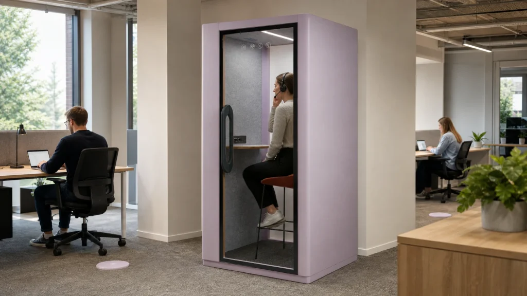 A MOVUSH phone pod in a shared office with discreet listener-position markers showing how speech privacy is evaluated around the enclosure