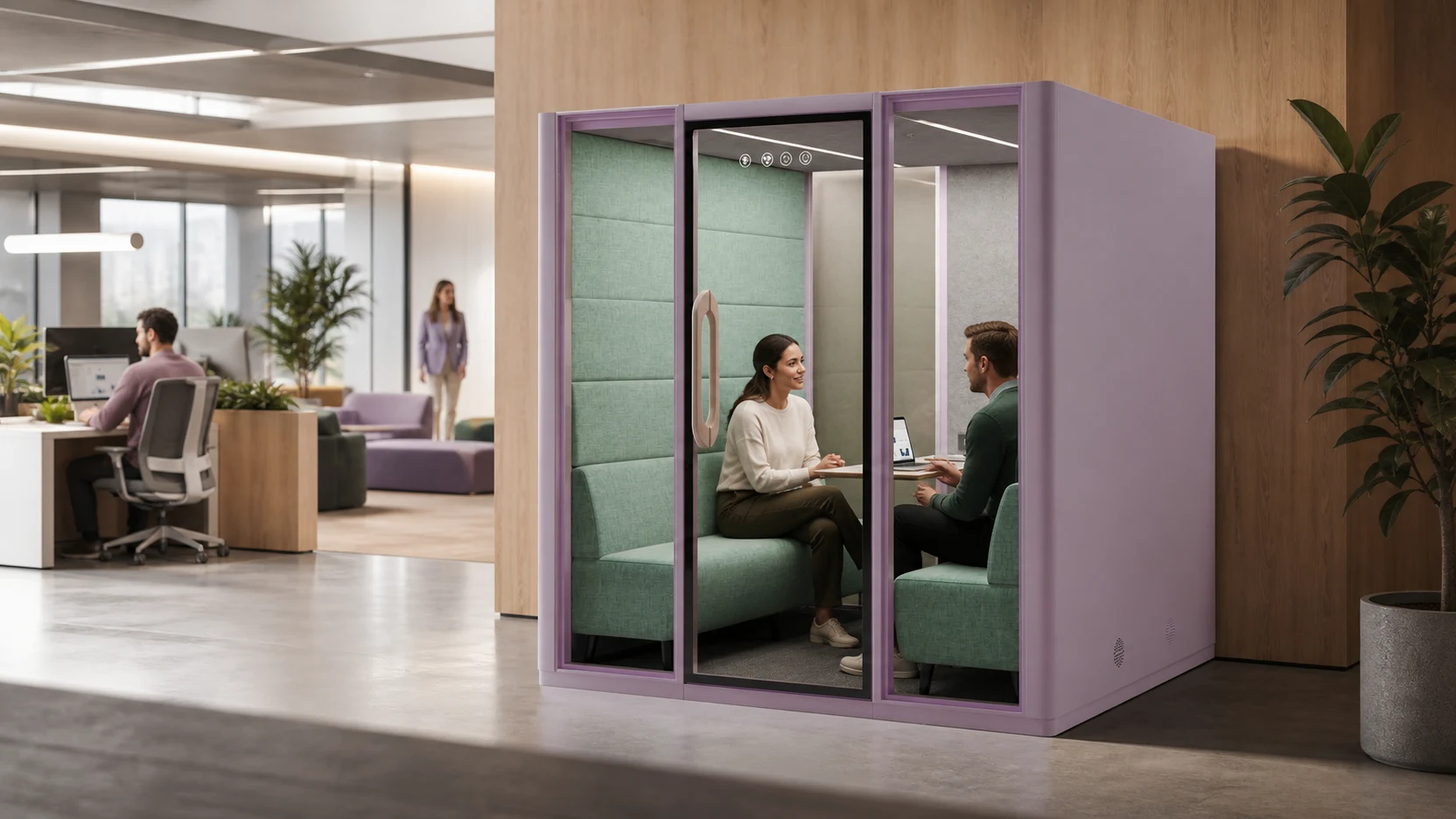 A team using a meeting pod as part of a balanced open-office layout