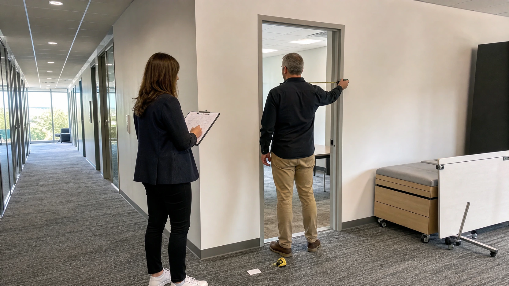 A facilities survey documenting an existing corridor and doorway before office pod placement