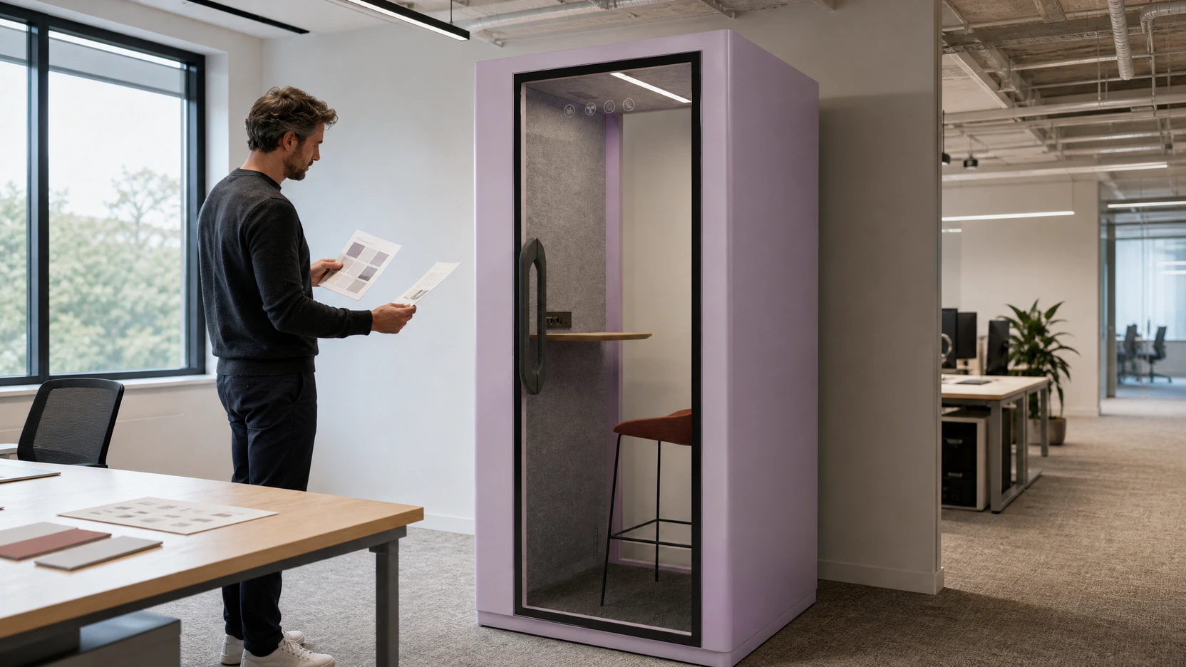 A workplace planner comparing seated and standing use beside a MOVUSH one-person office booth