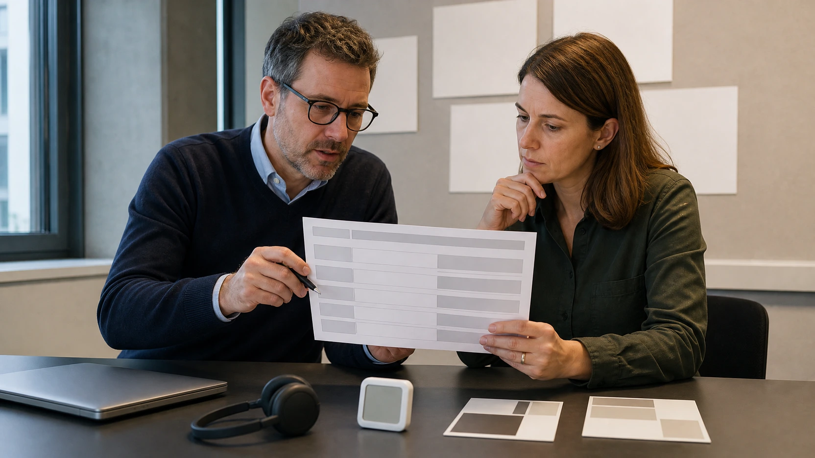 A facilities team reviewing an anonymized booth pilot record with task, equipment, time, and stop reasons