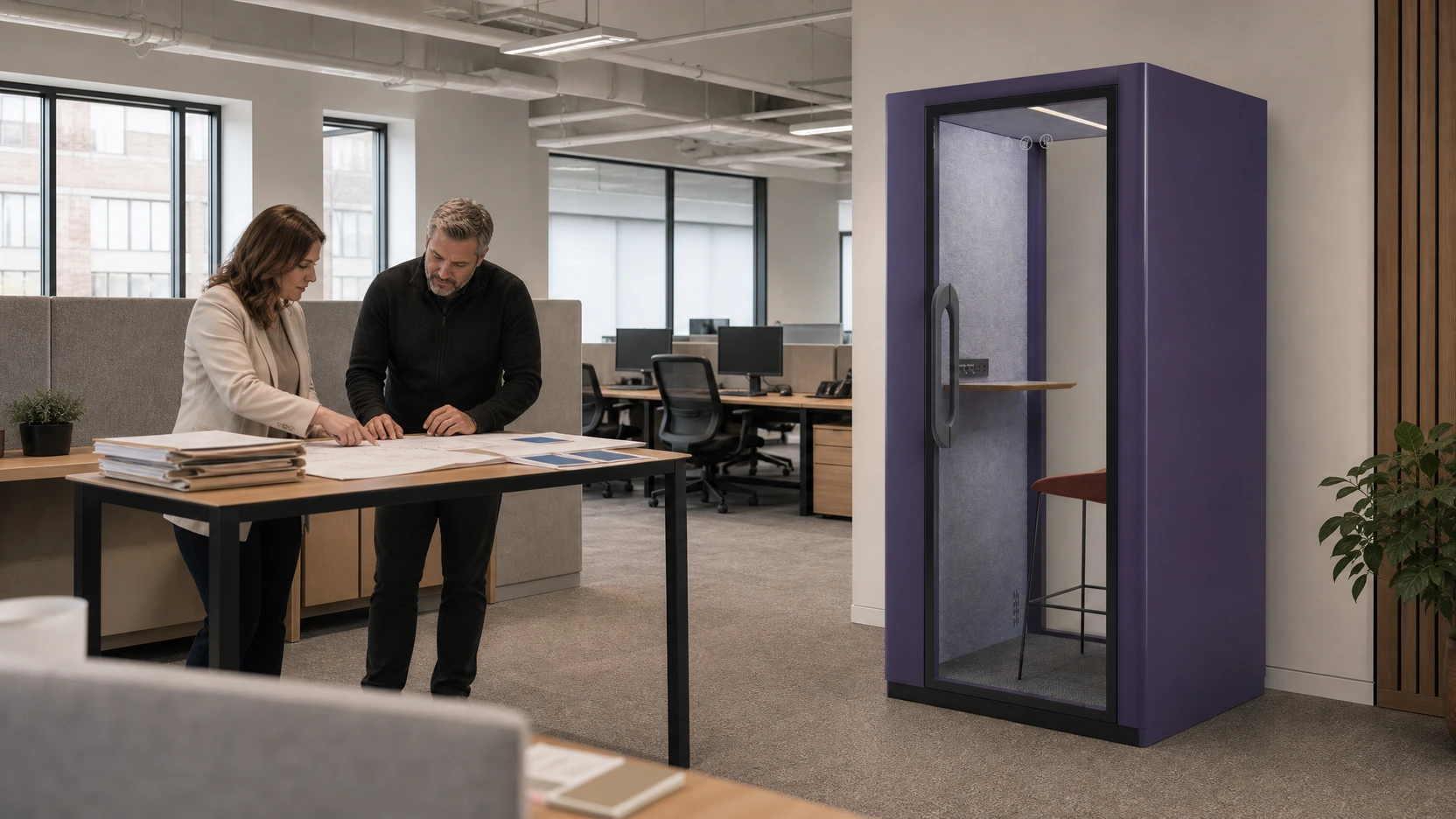 A MOVUSH M1 CALL pod in a controlled workplace pilot while a facilities team reviews the audit record without claiming a result