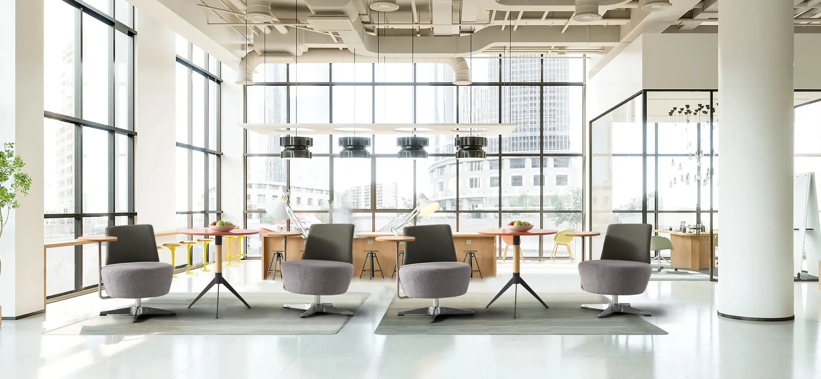 MOVUSH lounge chairs in a bright shared workspace