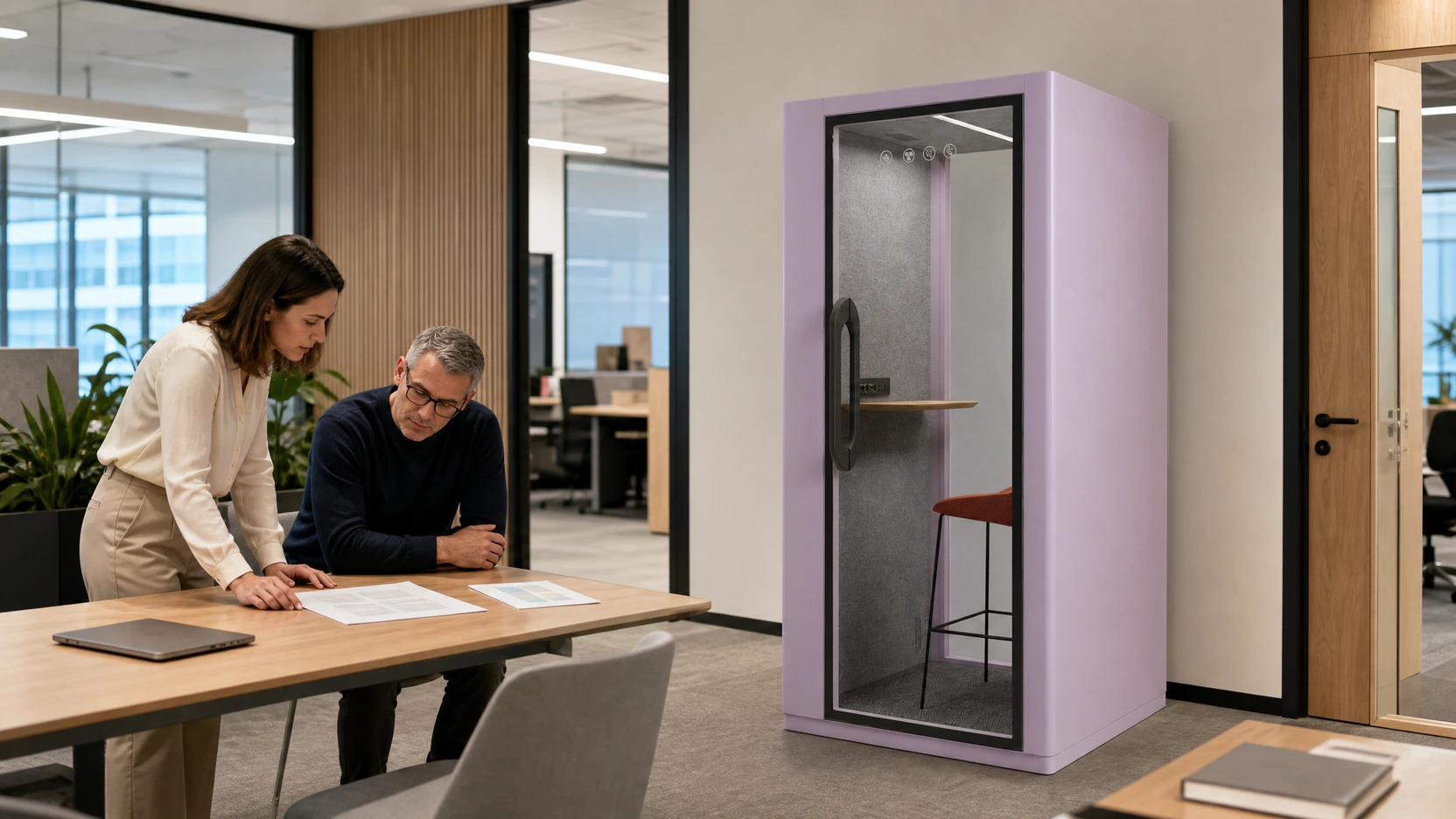 A workplace buyer reviewing a controlled acoustic report beside a MOVUSH phone booth without making a performance claim