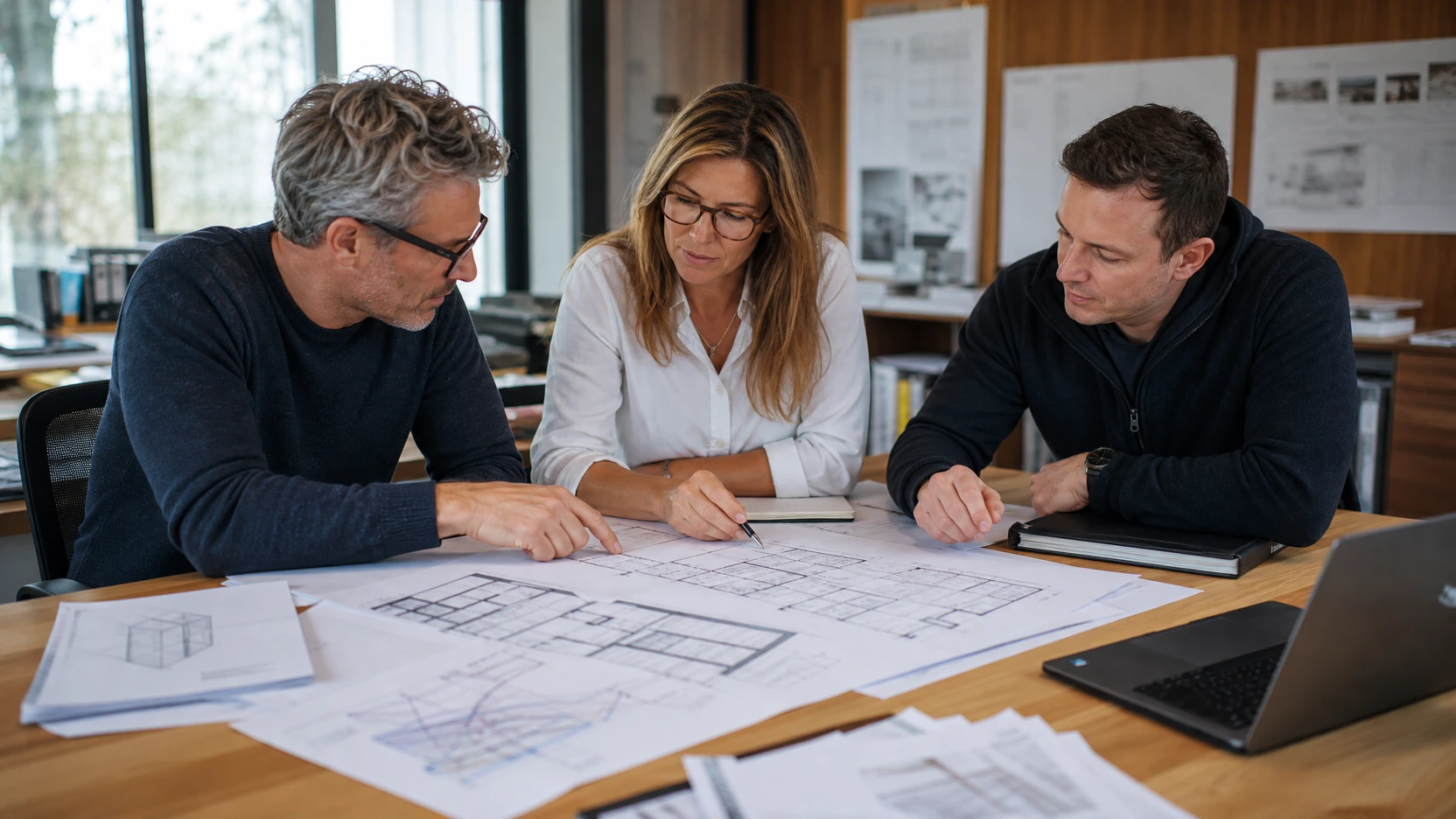 A workplace project team reviewing floor plans, product documents, and installation notes without a pod in the scene