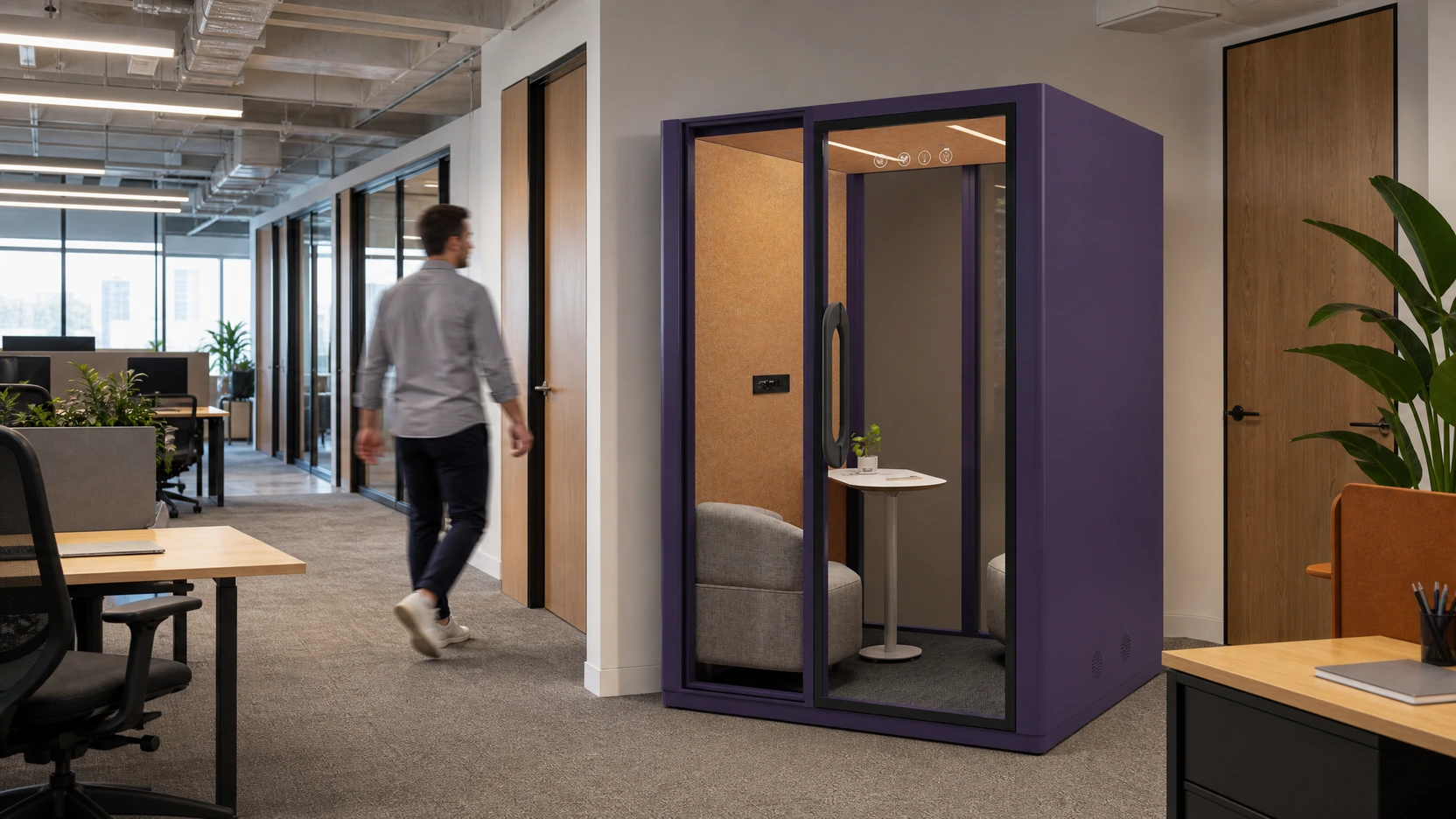 A MOVUSH two-person pod positioned with approach and surrounding circulation visible