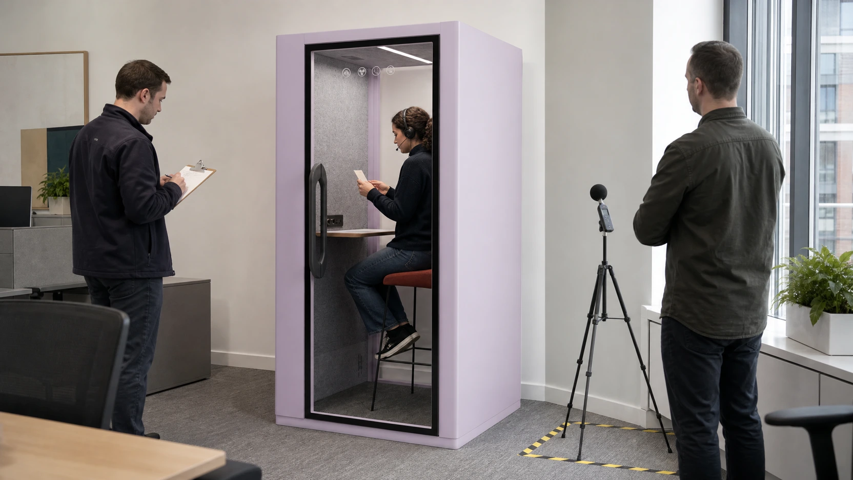A facilities and acoustic review team conducting a documented, non-confidential listener-position check around an installed office pod