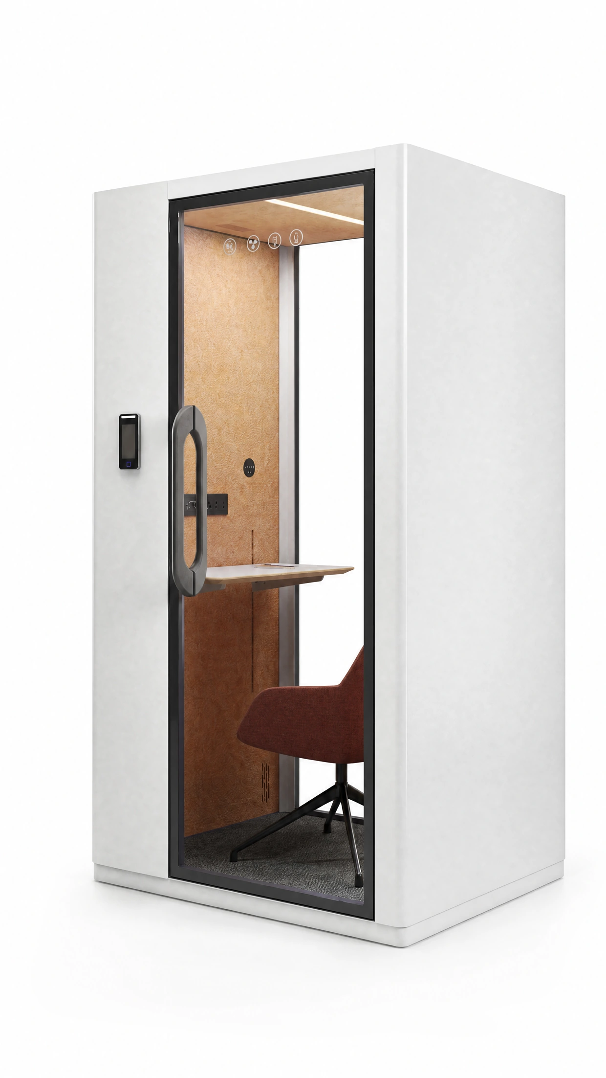 White MOVUSH pod showing the door, interior panel, lighting and work surface