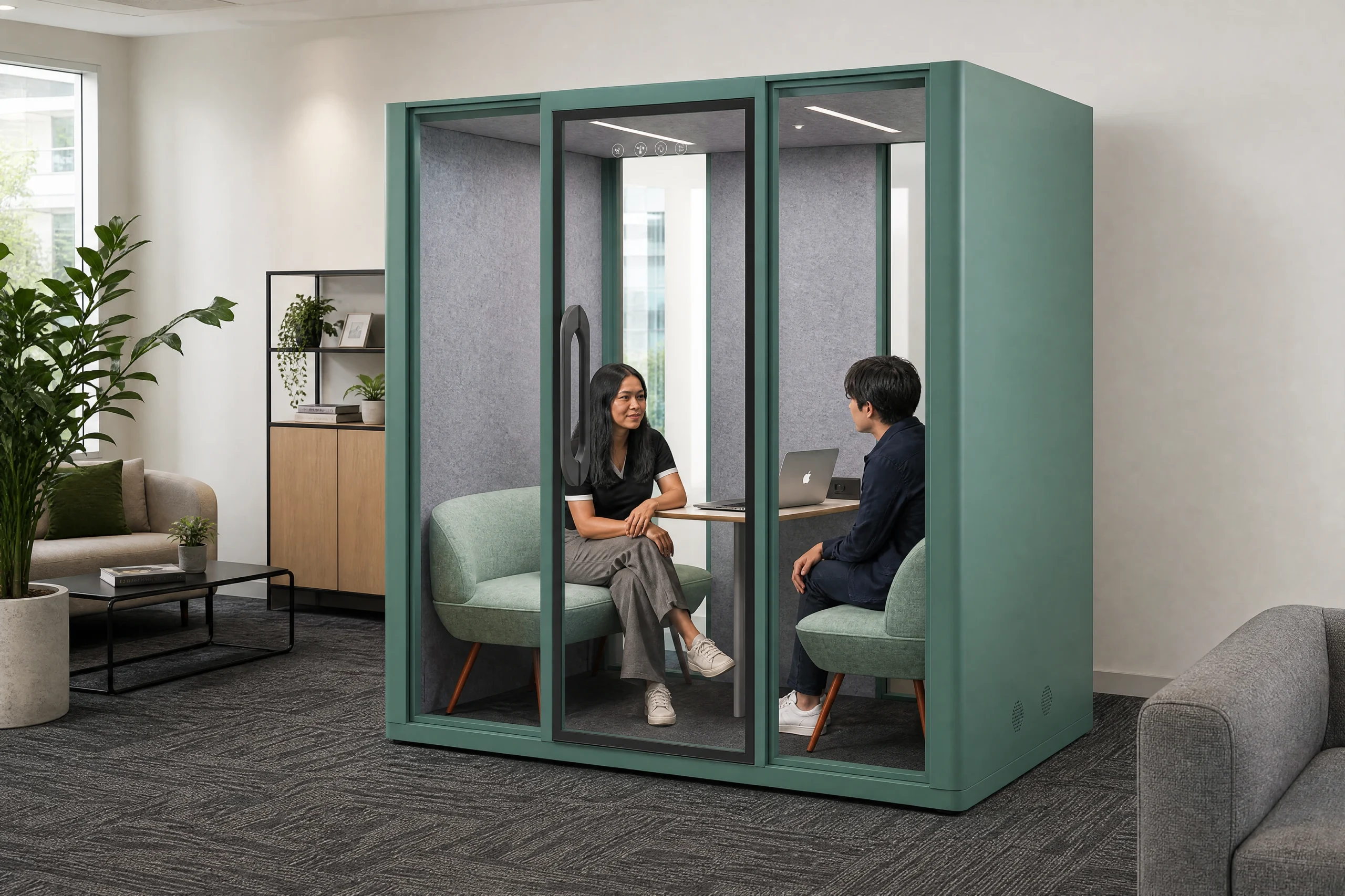 Two people talking inside a green MOVUSH meeting pod in a warm, furnished workplace