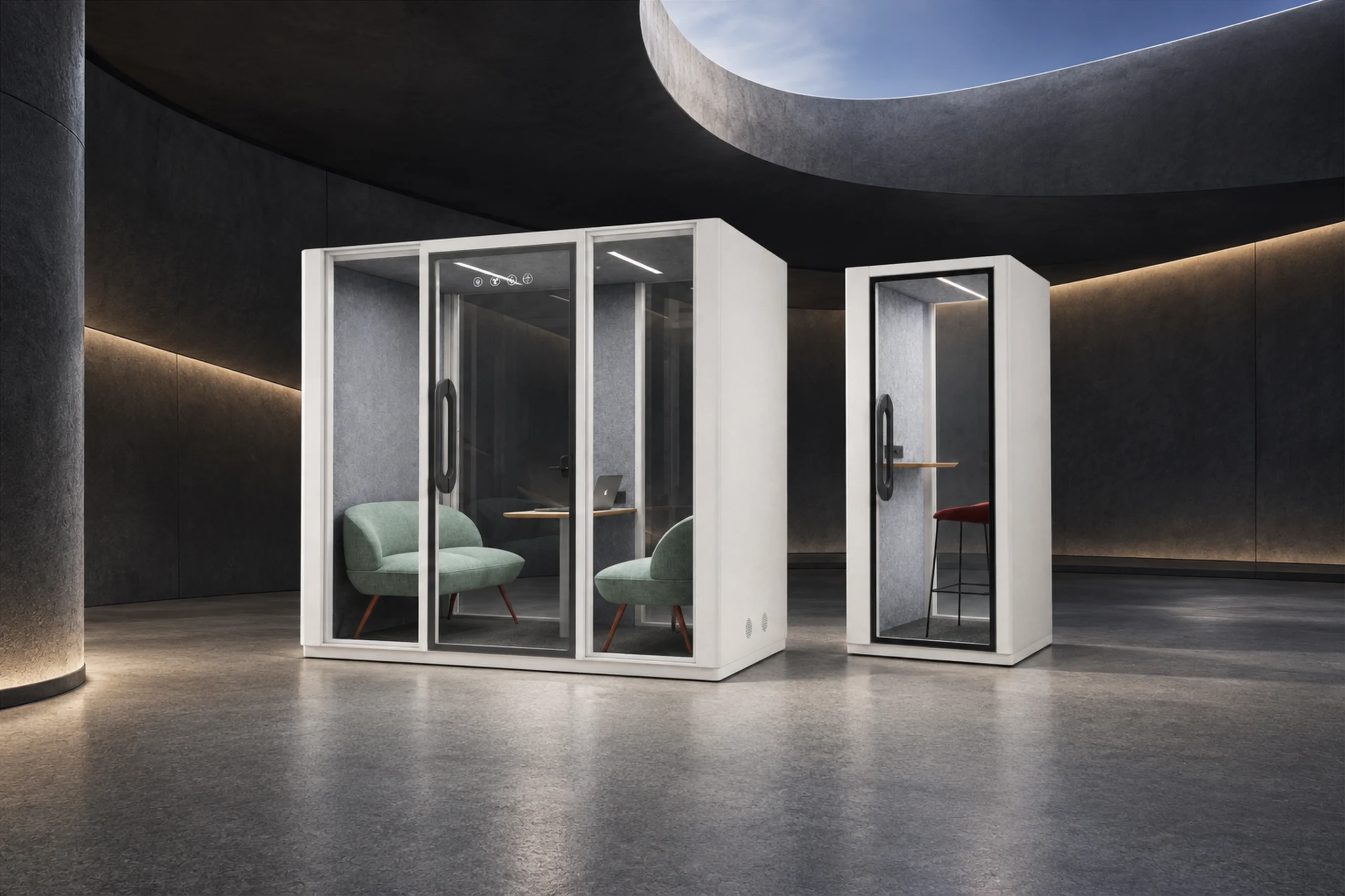 Two white MOVUSH pods in an architectural interior with a curved skylight