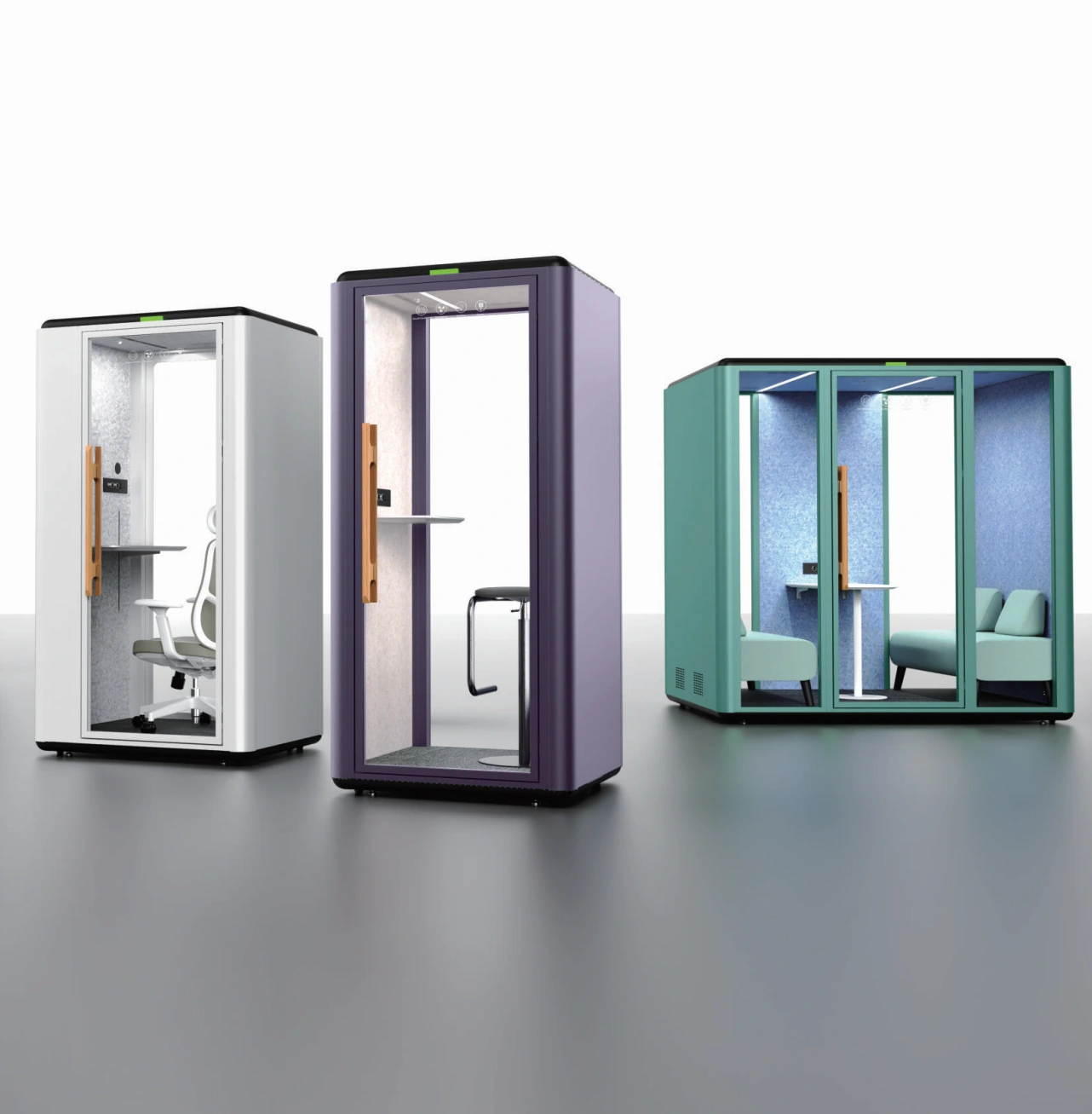 MOVUSH acoustic pods: white study pod, purple phone booth and teal meeting pod
