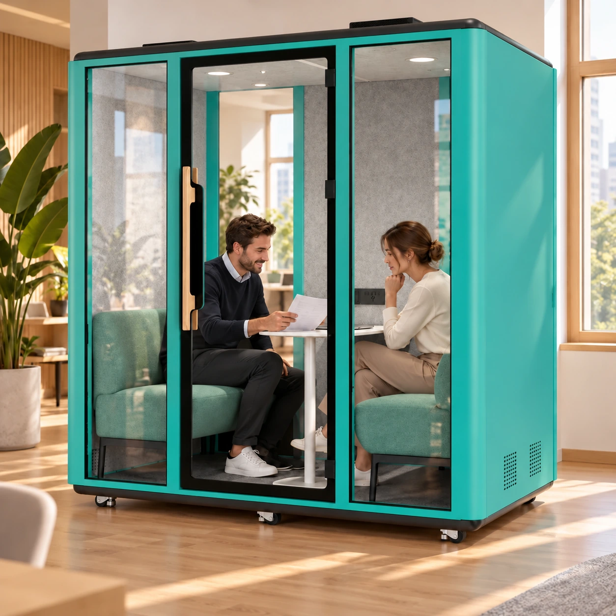 Core meeting pod with clear rear glazing and office visible behind